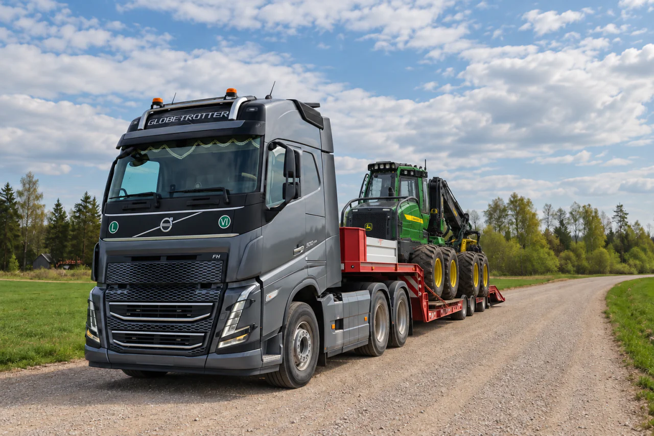 Volvo vilkiko su John Deere H serijos medkirte ant tralo iliustracija